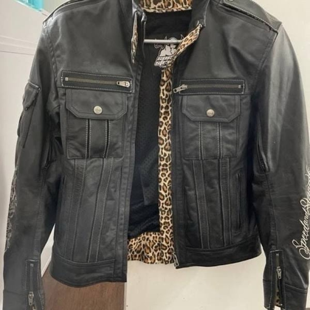 Speed and Strength Black Leather and Fabric Jackets with Leopard Print Lining